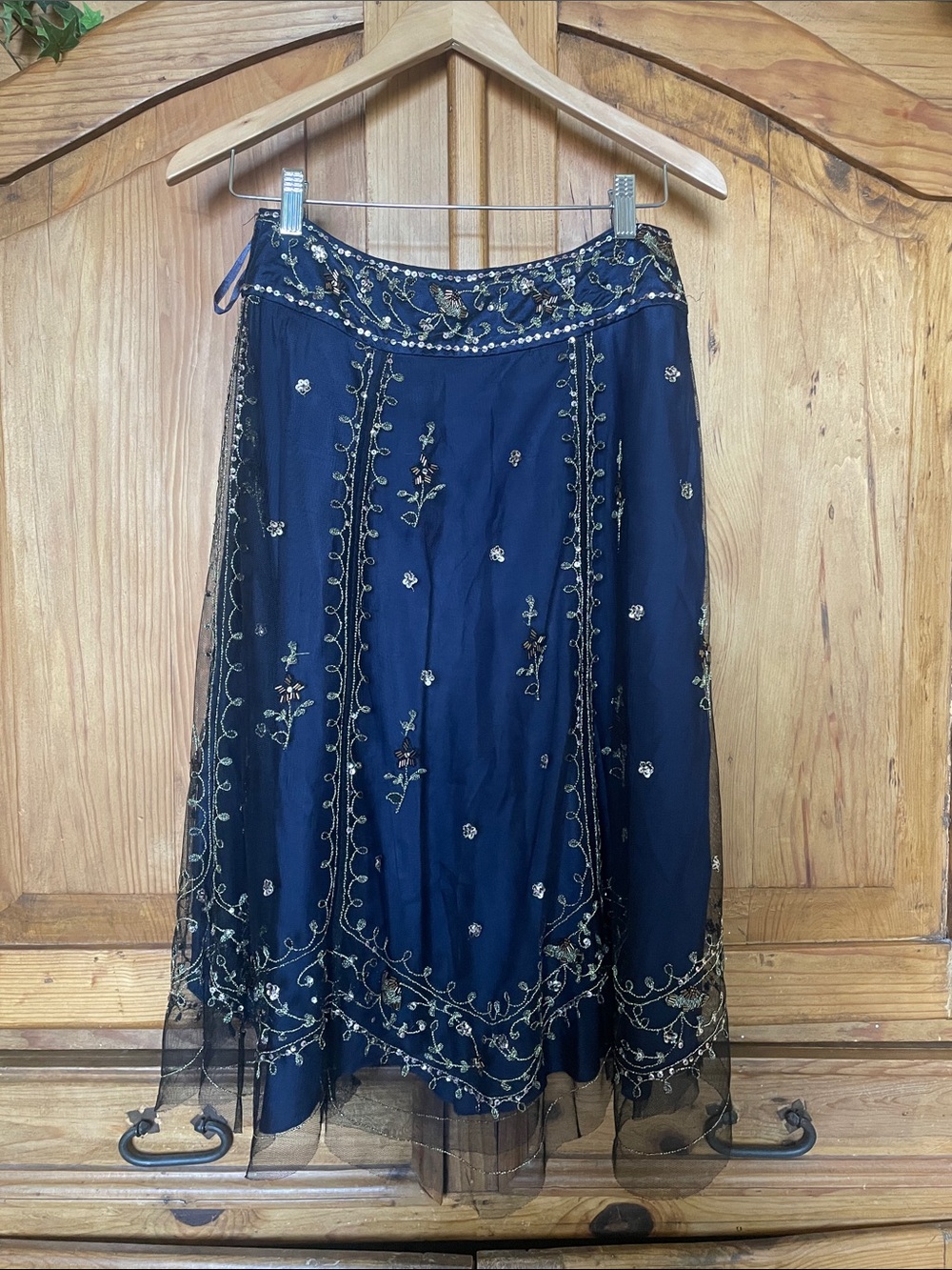 Vintage Monsoon Midnight Blue A-Line Skirt with Gold Embroidered Details